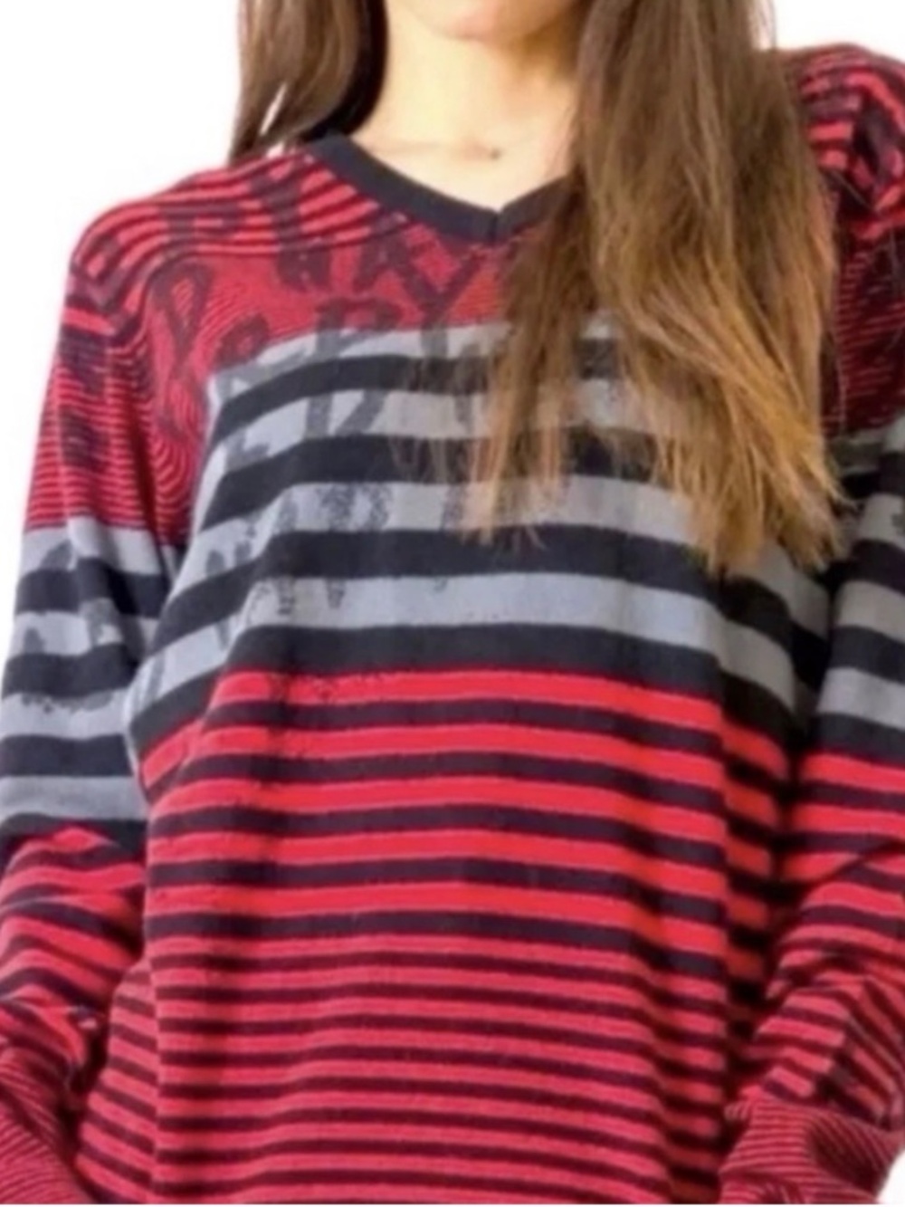 NWT Y2K Ed Hardy Red and Black Striped Wool Blend V-Neck Sweater Women’s Large